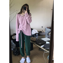 Wang Maidens shop fleece casual pants autumn and winter black gray green high waist wide legs loose sports pants