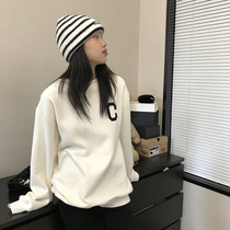 Wang girls shop round neck sweater autumn and winter green American retro loose bf lazy wind Korean pullover top