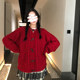 Wang girl's shop horn button sweater early spring new loose outerwear foreign style red twist knitted cardigan