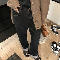 Wang Maidens shop straight jeans Spring and Autumn Winter retro black high waist pipe loose casual slim pants