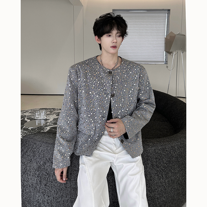 Tweed Style Sequin Design Loose Jacket for Men and Women Stage Performance Clothing Popular on the Internet Collarless Short Suit Jacket
