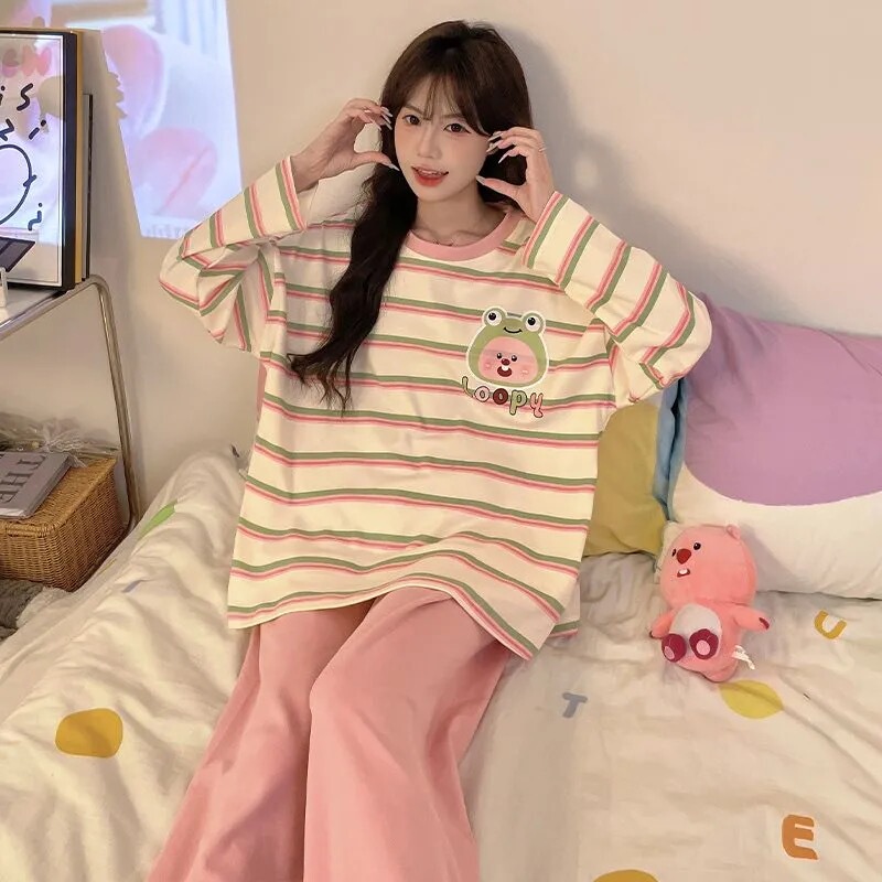 Long-Sleeved Long Pants Pajamas for Women, Spring and Autumn Style, Pure Cotton, Cute Summer Style for Girls, Junior High School Students, Home Wear, 2025 New Style