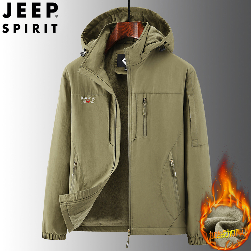 Jeep Autumn and Winter Thin Fleece Warm Cotton Jacket Men's Loose Casual Coat Large Size Multi-Pocket Jacket Thin Cotton Clothing