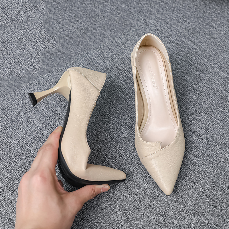 Comfortable High-Heeled Shoes for Flight Attendants, Women's Soft Leather Pointed-Toe Shoes That Don'T Tire Your Feet, Thin Heels, Shallow Mouth, Small Size Work Shoes 3233