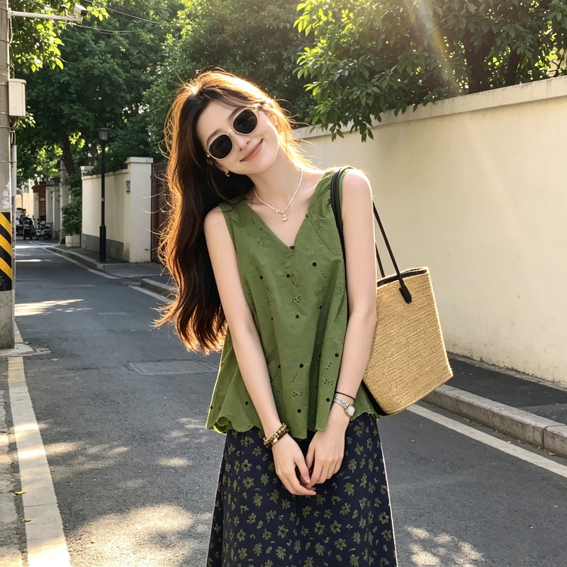 Korean-Style Green Hollow-Out V-Neck Tank Top Shirt for Women, Summer Old Money Style Unique and Delicate Babydoll Sleeveless Top