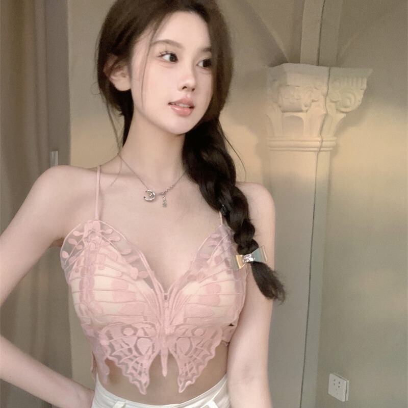 Sweet and Spicy Girl Heavy Embroidery Butterfly Camisole Women's Summer Beautiful Back Niche Sexy Inner Wear Outerwear Lace Vest