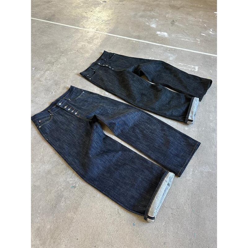American Retro Nofaith Raw Denim Red Trim Selvedge Jeans with Button Placket Baggy Fit American Retro Nofaith Raw Denim Red Trim Selvedge Jeans with Button Placket Baggy Fit