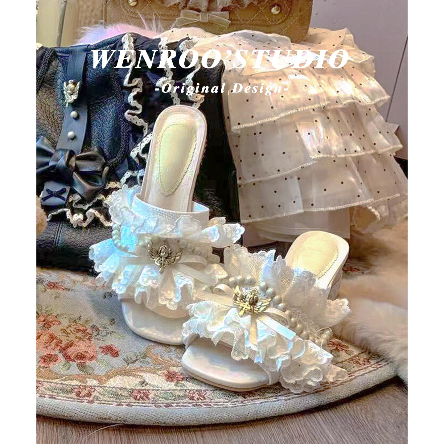 Niche white pearl lace chunky heeled sandals for women, perfect for summer 2026, elegant Lolita style high heels.