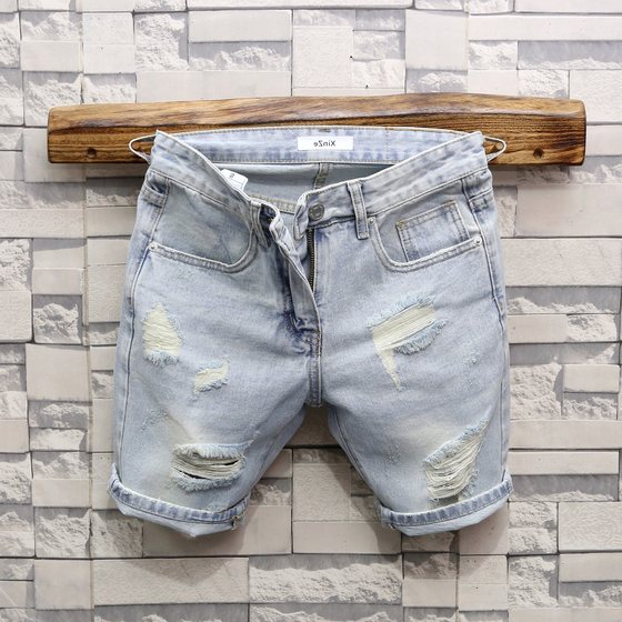 Summer new style of old white cats whose cave denim four -five -point pants men's slim feet versatile trend short pants