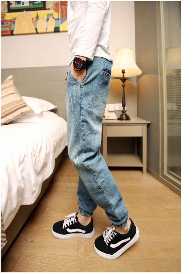 Mùa đông thắt eo thon gọn quần jean nam 9 điểm Harlan dậm chân nhỏ chân cộng với nhung cộng với quần nhung. quần tây