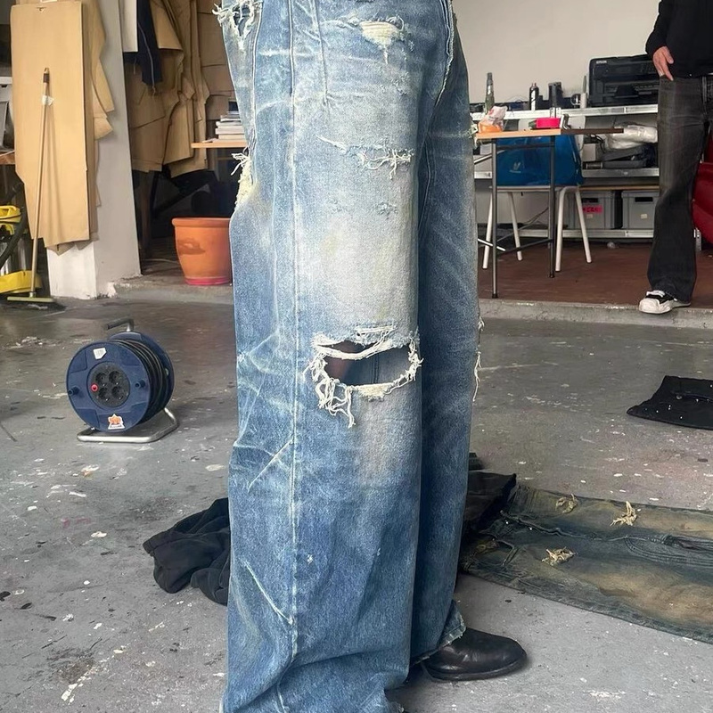 No Faith Studios Frayed Ripped Dirty Pants Washed Blue Wide-Leg Scimitar Baggy Jeans for Men
