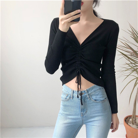 Mùa xuân và mùa thu mới phiên bản Hàn Quốc của áo cổ chữ V đan đáy tự nhiên áo len tự nhiên áo thun áo thun dây rút tay dài áo sơ mi nữ áo khoác len cardigan