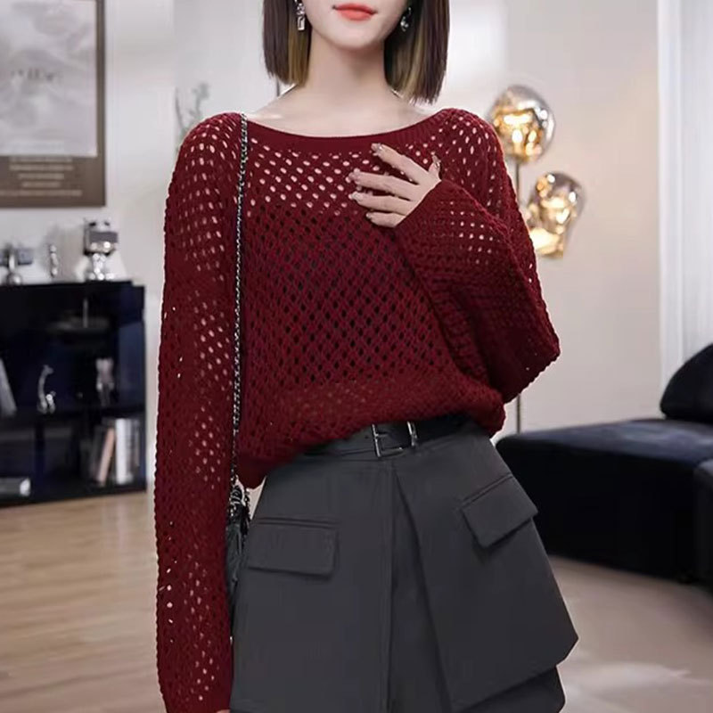 Early Autumn Hollow-Out Blouse Top for Women 2026 Fashionable New Style Lazy Loose Simple Versatile Long-Sleeve Knitwear Trendy
