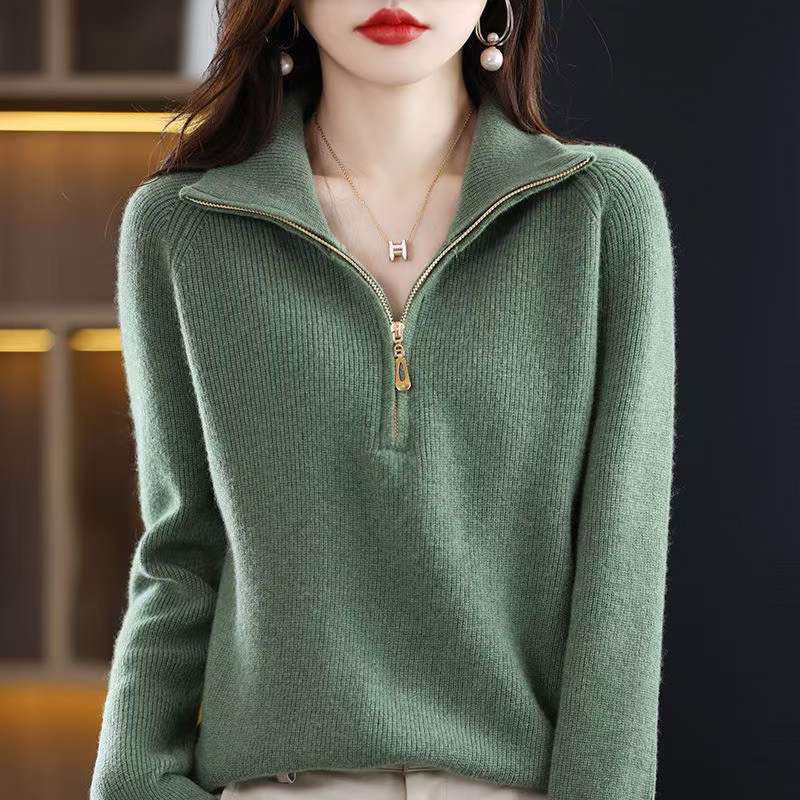 Designed Lapel Zipper Sweater, Autumn and Winter Style, Thickened for Commuting, Warm Long-Sleeved Pullover Half-Zip Knitted Sweater for Women Designed Lapel Zipper Sweater, Autumn and Winter Style, Thickened for Commuting, Warm Long-Sleeved Pullover Half-Zip Knitted Sweater for Women