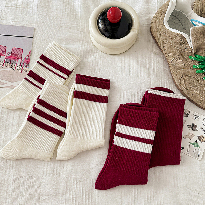 Ankora Red Striped Socks for Women, Mid-Calf, Versatile, Pure Cotton, Shark Pants Style, Suitable for Wearing Outside, Sports Long Socks, ins Trendy Ankora Red Striped Socks for Women, Mid-Calf, Versatile, Pure Cotton, Shark Pants Style, Suitable for Wearing Outside, Sports Long Socks, ins Trendy