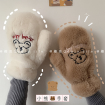 Korea ins winter warm plus velvet padded cartoon embroidery cute bear mittens student couple gloves