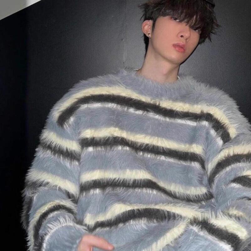 Autumn and Winter Black and White Striped Mink Velvet Round Neck Sweater for Men, Korean Style Loose Thickened Mohair Knitwear Jacket