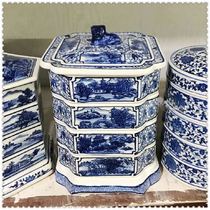 Value recommended Jingdezhen ceramics handmade antique blue and white garden decoration four-story square fruit box basin basket ornaments