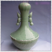 Value recommended Jingdezhen ceramic antique shadow green pink bean green bean green carved lotus root double ear vase special price