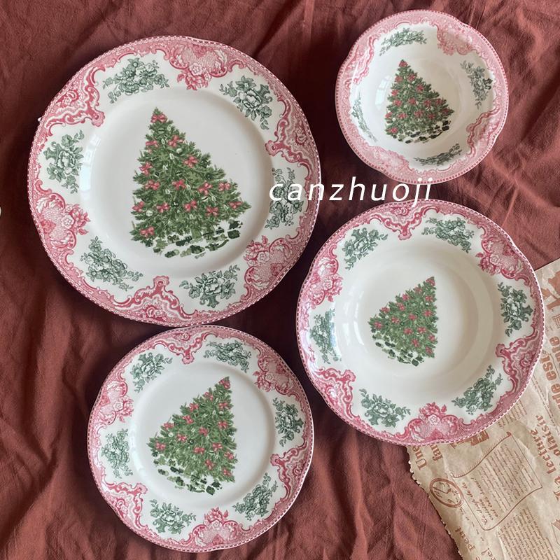 Retro Red Bow Christmas Tree Western-Style Plate and Dish Set Festive Atmosphere Ceramic Decorative Plate Dessert Plate