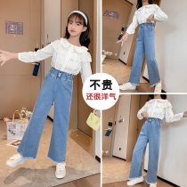 Girls Denim Wide Leg Pants 2022 Autumn Western Style Fashion Kids Pants Middle Older Kids 12 Years Loose Straight Pants