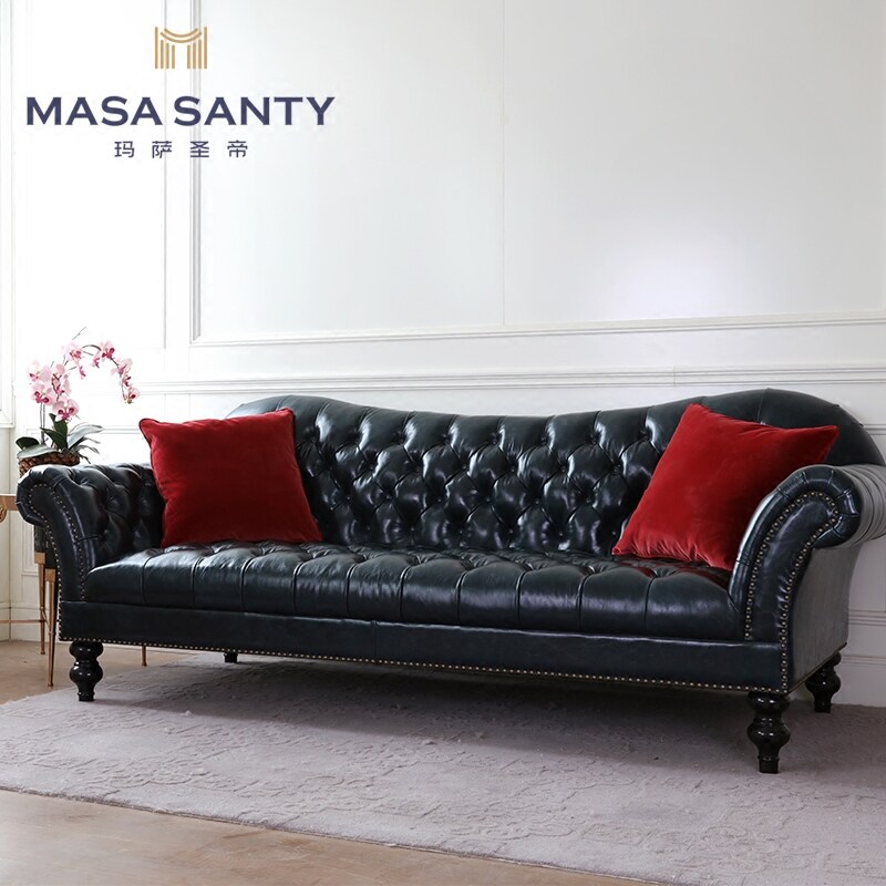 American countryside ink green black leather trio multiplayer sofa pull button designer decent board room living room with light and luxurious
