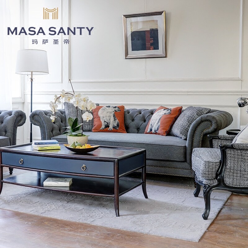 American country gray soft bag multi-person three-person sofa designer model room simple modern pull buckle living room furniture