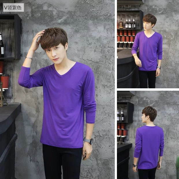 v cổ áo rắn màu mỏng chạm đáy áo sơ mi thanh niên béo cộng với nhung cộng với size cộng nhung dày mùa thu và áo thun nam dài tay