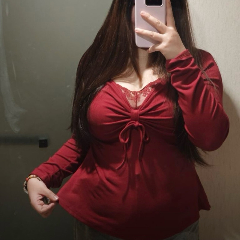 150kg Plus Size Pure Sexy Retro Red V-Neck Lace Patchwork Slimming Long-Sleeve Base Shirt for Women