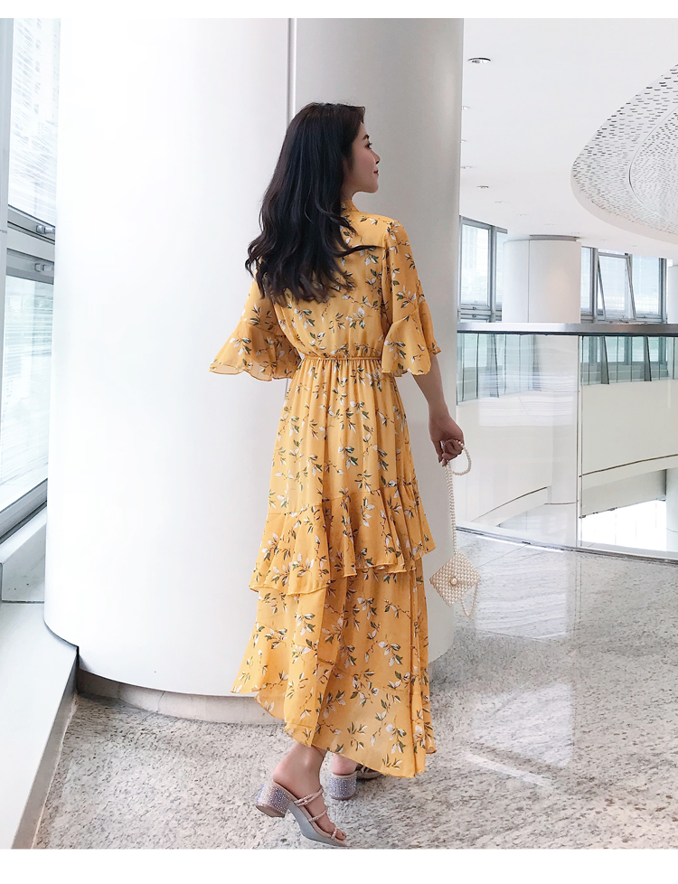 VK旗艦店 韓國風名媛荷葉袖小碎花顯瘦雪紡短袖洋裝