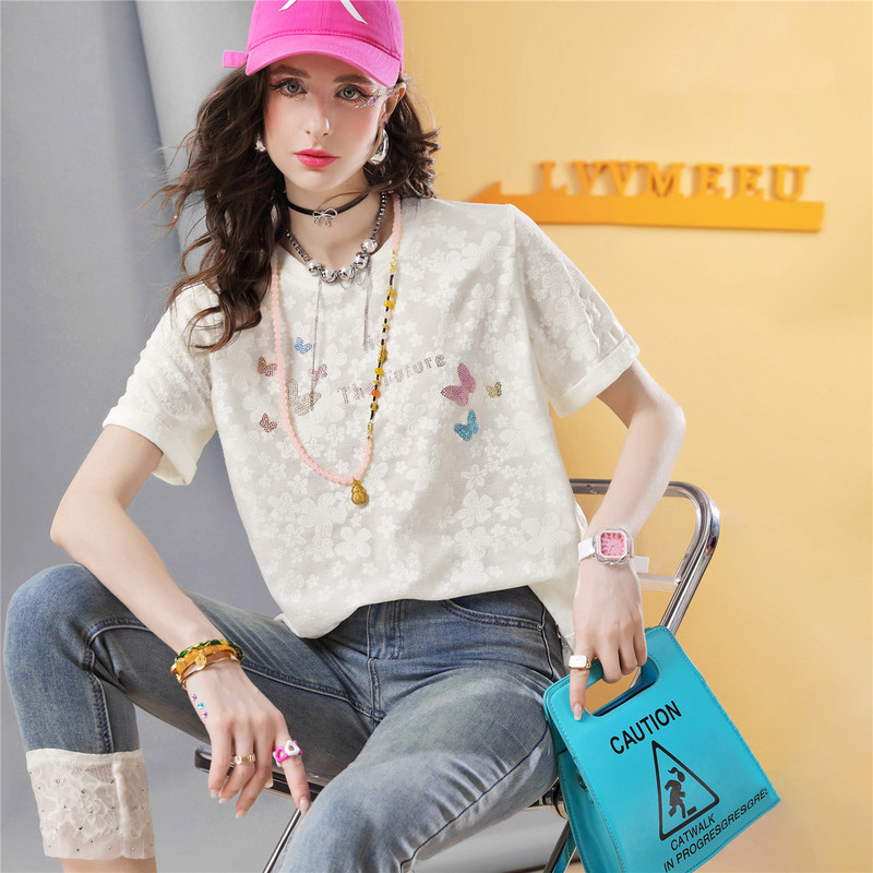 2026 Summer New Lace Elegant and Stylish Versatile Thin T-Shirt European Style Butterfly Rhinestone Short Sleeve Top J901
