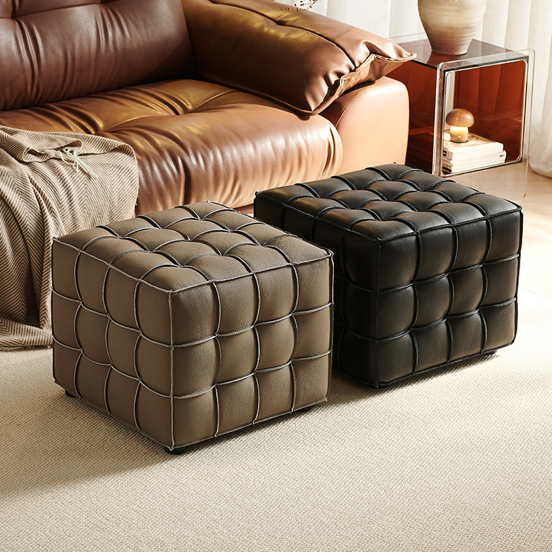First-Layer Cowhide Leather Ottoman for Living Room and Bedroom, Shoe-Changing Stool, Home-Use Italian-Style Plaid Patchwork Cube Stool Set