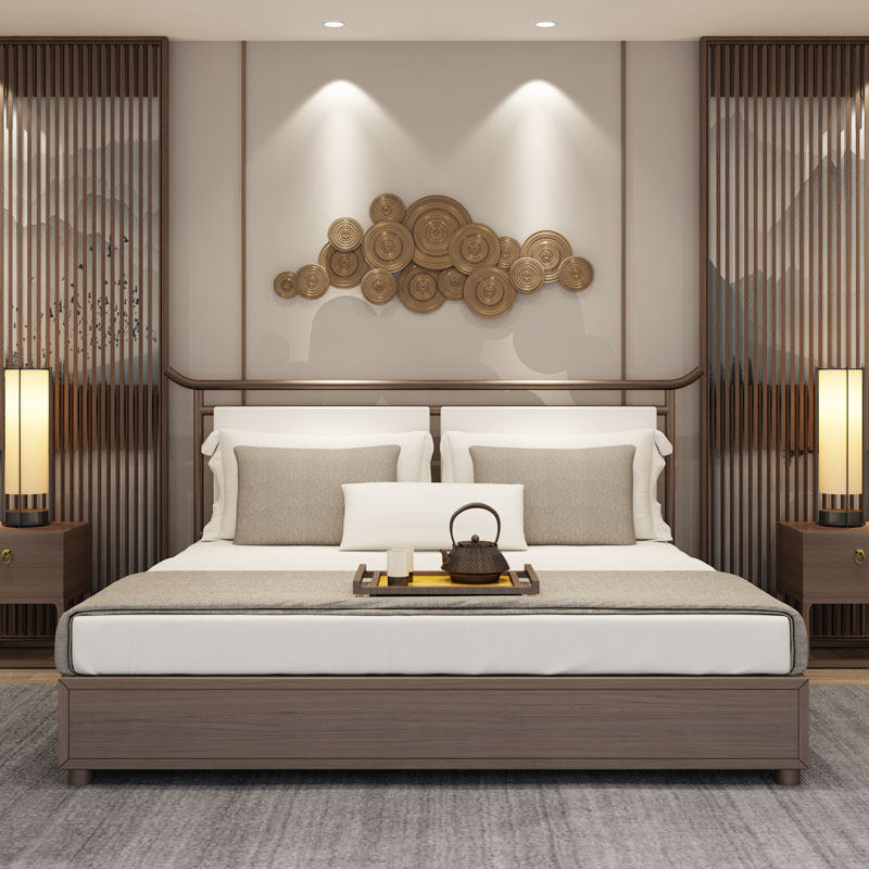 New Chinese-style solid wood bed simple modern master bedroom 18m wedding bed home soft back fabric double bed model room
