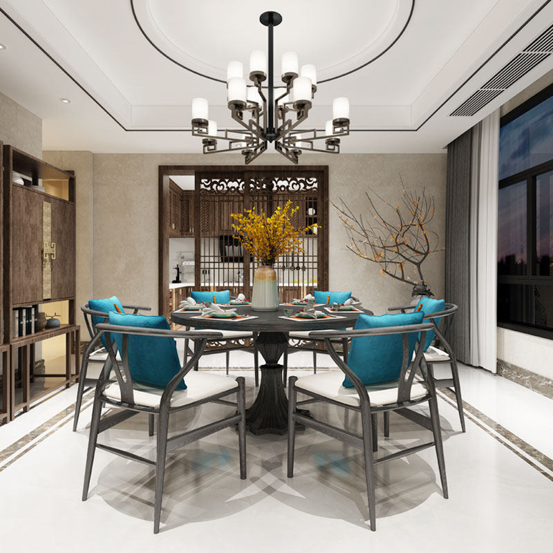 New Chinese-style solid wood dining table and chairs turntable home small apartment 6-8 people dining table modern minimalist hotel large round dining table