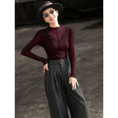 Lanser 2026 Autumn New Style French Elegance semi-high neck slim stretch mesh base T-shirt top