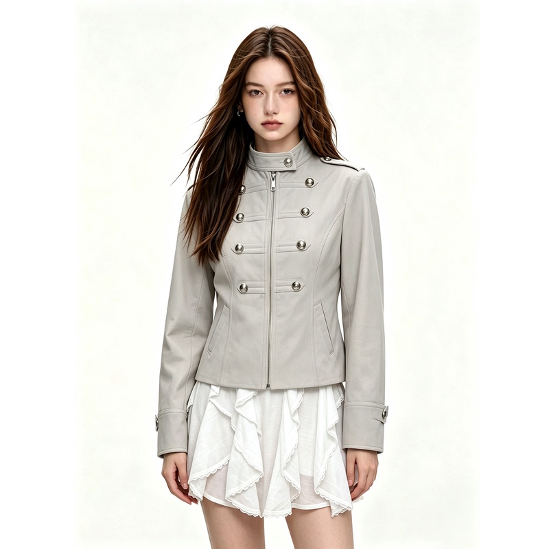 Light Luxury Style Stand Collar Epaulette Double-Breasted Short Jacket for Women 2026 Autumn New Slim Fit Waist-Cinching Slimming Elegant Jacket