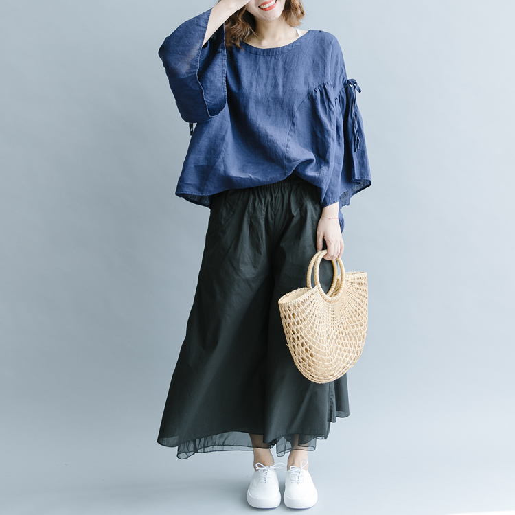 [清 濯] tòa án Retro lá sen lớn tay áo lỏng lẻo bông và vải lanh đầu mùa thu màu xanh hải quân áo sơ mi áo sơ mi hoa cúc