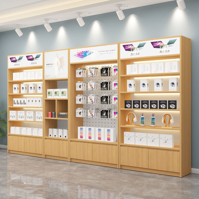 Mobile Phone Accessories Cabinet, Mobile Phone Display Rack, Accessories Display Counter, Digital Display Cabinet, Trendy Product Display Stand, Light Box, Wooden Wall-Mounted