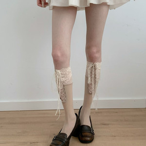 Aytofilms Semi-Sheer Cross-Tied Mid-Calf Socks Pure Desire Hot Girl Lace Trim Hollow Splicing Calf Socks