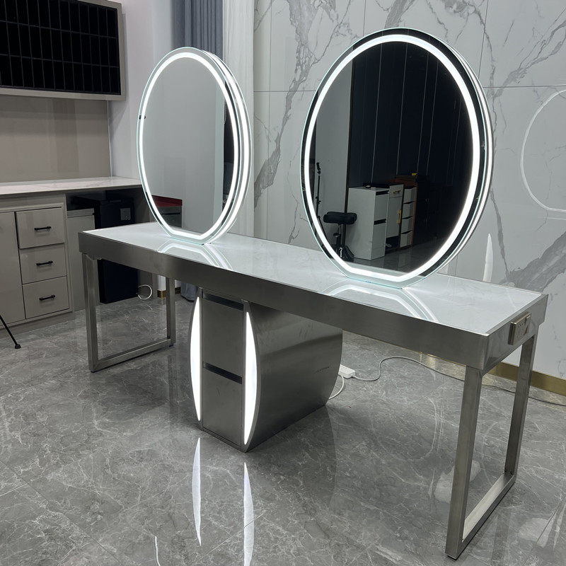 Hairdressing Mirror Desk Hair Salon Special Hairdressers Marble Stainless Steel with cabinet Bronzing Table Tide-Charging Mirror Desk Tide
