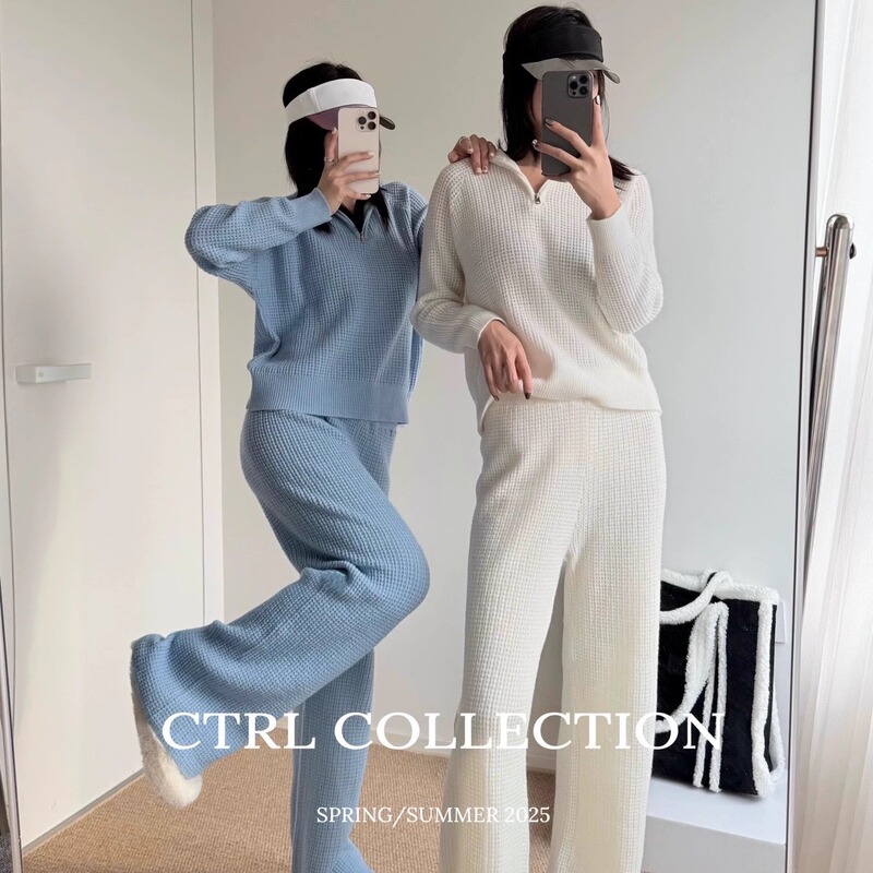 Ctrl~ 90% off Waffle Knit Blue and White Lazy Style Long-Sleeve Top + Pants Set for Women, Two-Piece Set
