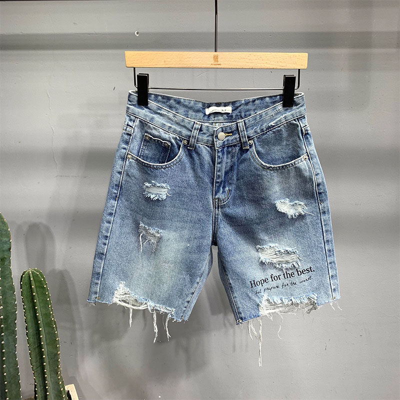 Holed Denim Shorts Men's Loose Stretch Printed Five Pants Summer Thin Fashion Casual Beggars Half Pants