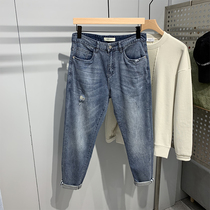 Fall net red retro blue Broken Cave Jeans Male Tide Card Tide 100 Lap Elastic Loose Straight Barrel 90% Pants