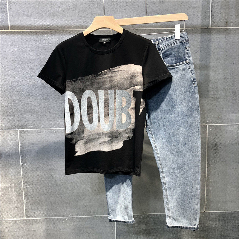 Half-sleeve printed slim short-sleeved T-shirt men's summer Korean personality fashion ins Tide brand Joker cotton pattern t-shirt