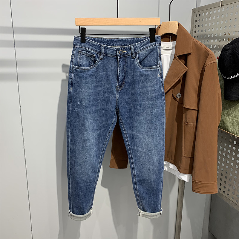 High-quality blue embroidered jeans men's autumn tide brand ins net red Hong Kong style loose all-match small feet long pants