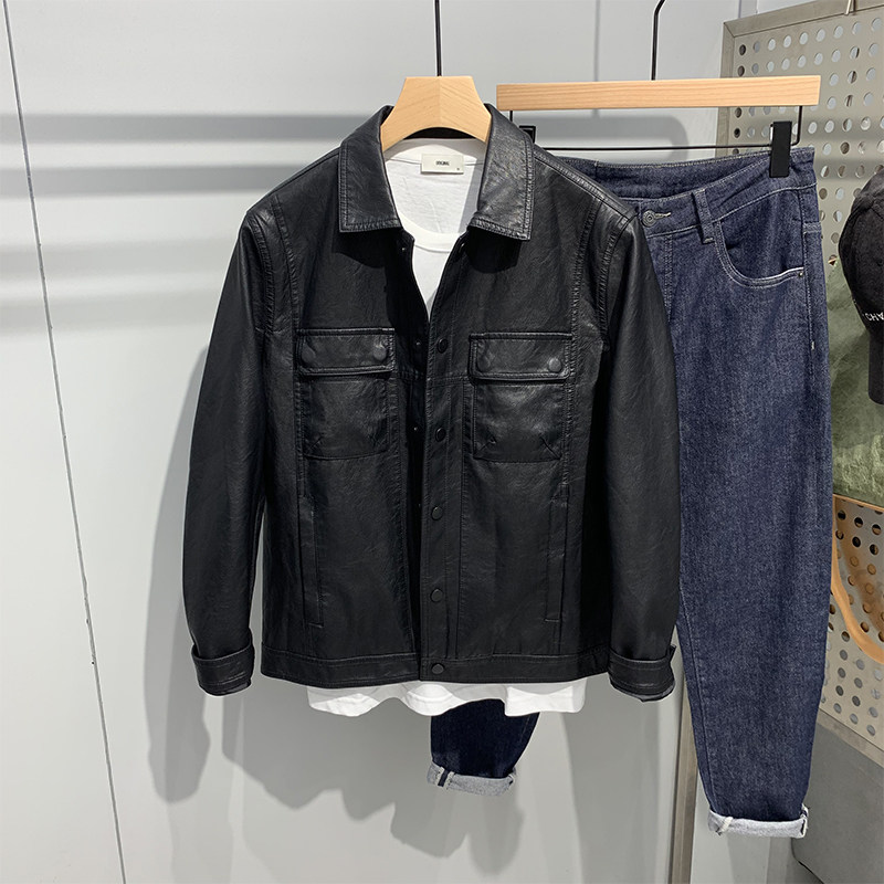 Fall Men's Turnover Locomotive Leather Coat Jacket Han Version Trend 100 Hitch Body Casual Handsome Tooling Leather Jacket Short