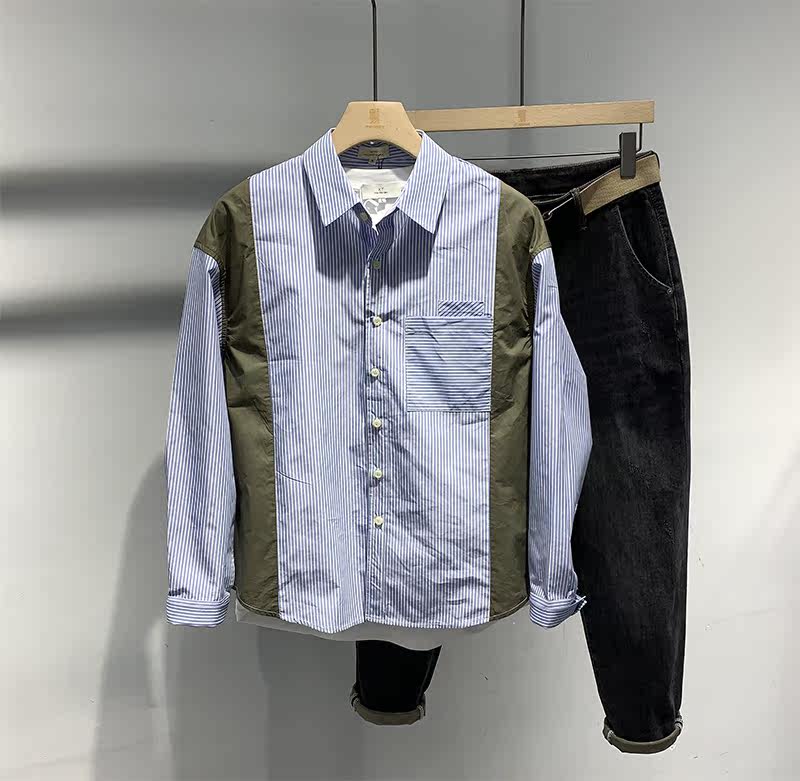 Blue striped shirt men's autumn long sleeves Japanese ins harbor style design sense small net red trend stitching shirt