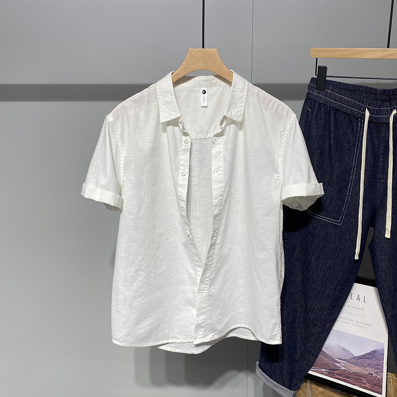 Advanced senses pure color flax short sleeve shirt male summer day family Chauffins personality handsome loose 100 lap shirt