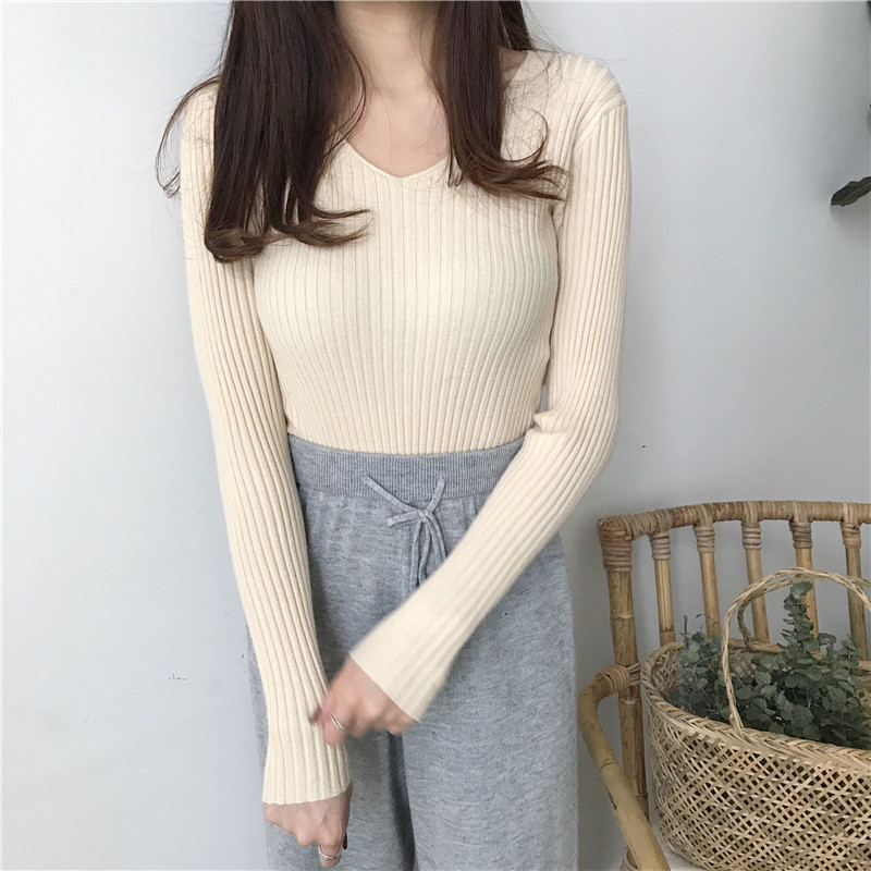 Phiên bản Hàn Quốc của chiếc áo cổ chữ V tự luyện đan đáy áo hoang dã đơn giản cơ bản áo len dài tay dệt kim mùa thu mới áo len đẹp