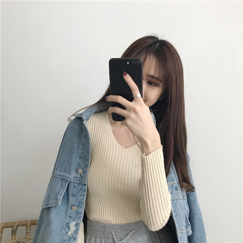 Phiên bản Hàn Quốc của chiếc áo cổ chữ V tự luyện đan đáy áo hoang dã đơn giản cơ bản áo len dài tay dệt kim mùa thu mới áo len đẹp